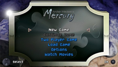 Archer Maclean's Mercury title screen for PSP